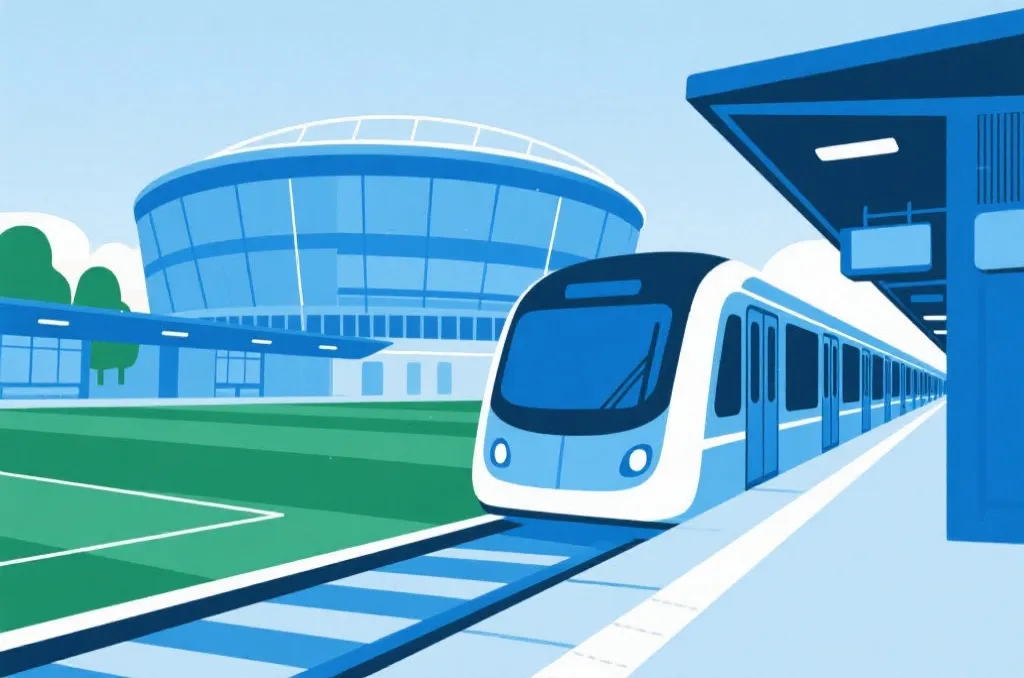 現代大眾運輸地鐵列車與遠處體育館示意圖